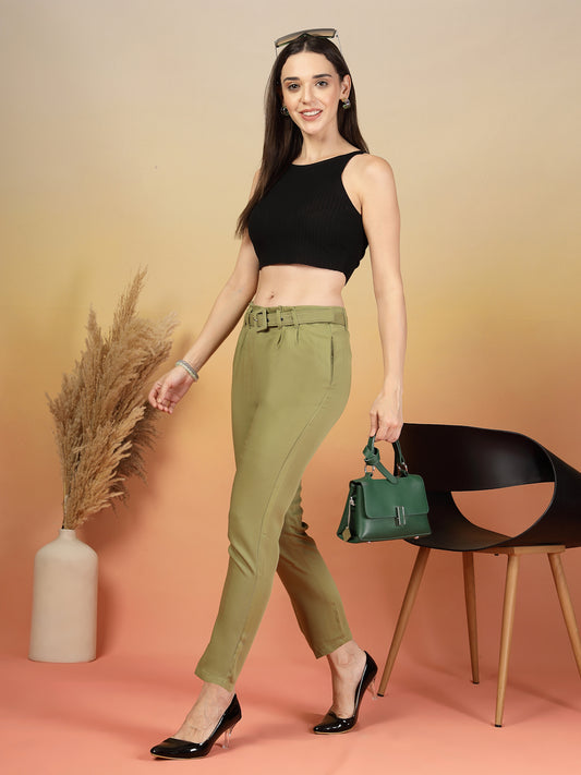 Soft Olive Belted Formal Pants for Women | By ItalianVega