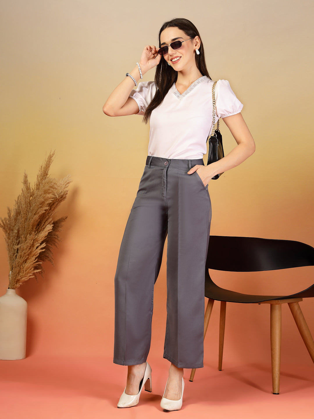 Grey Stretchable High-Waist Formal Pants for Women | By ItalianVega Italian Vega Grey Stretchable High-Waist Formal Pants for Women | By ItalianVega Italian Vega
