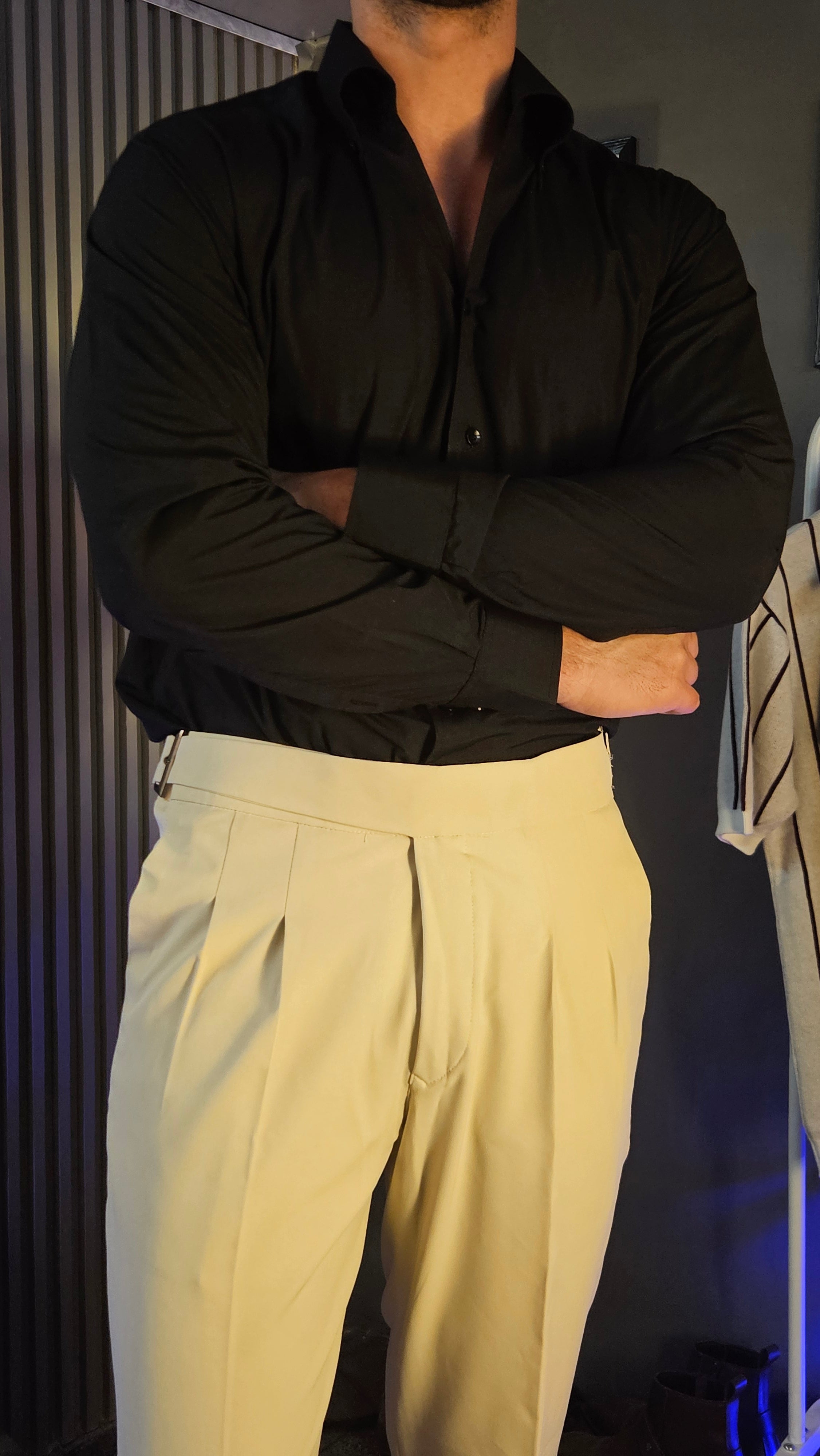 khaki pants with black dress shirt Beige Classic Buckle Gurkha Pants × Black Button-Down Shirt – Italian Vega™