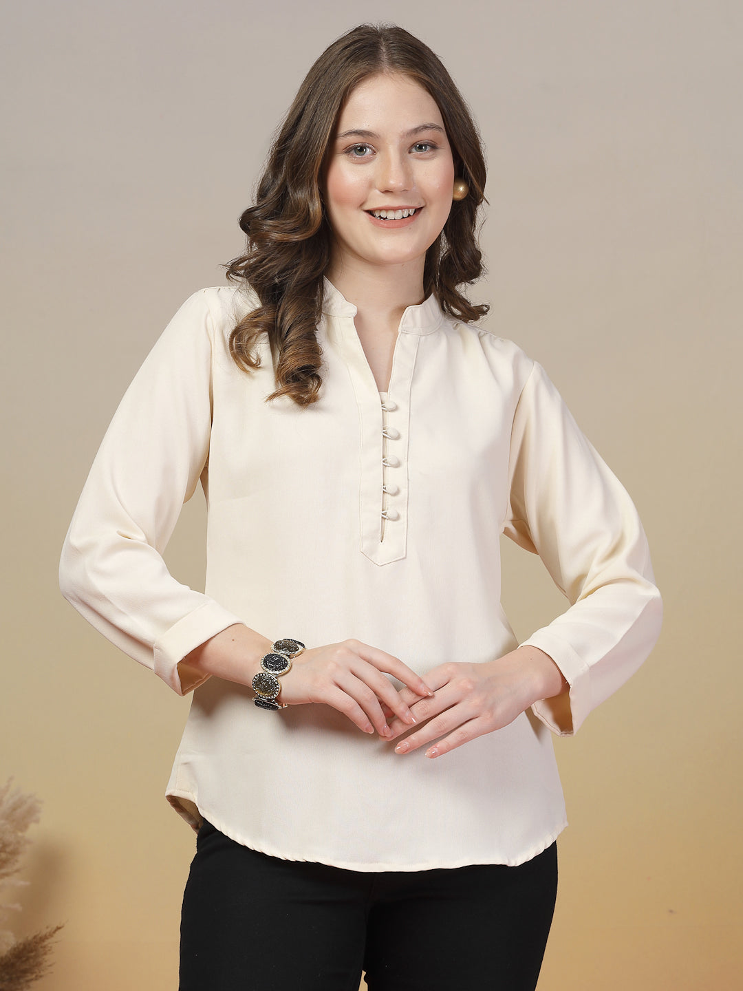 Bright Cream Mandarin Collar Buttoned Shirt for Women | By ItalianVega