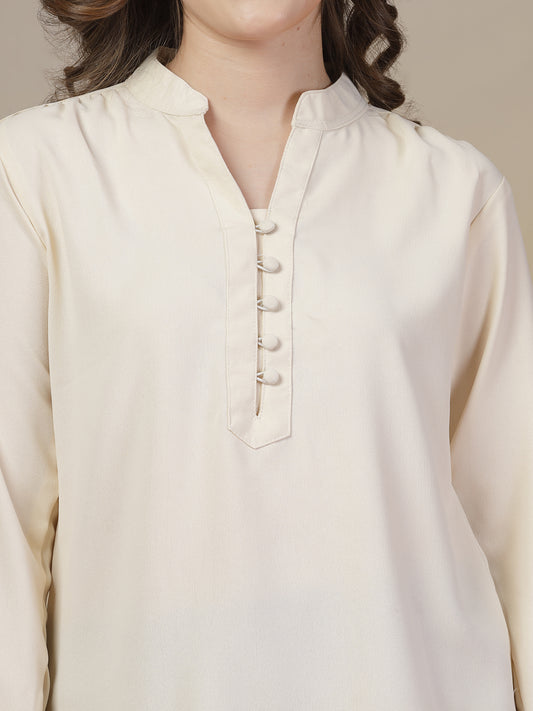 Bright Cream Mandarin Collar Buttoned Shirt for Women | By ItalianVega
