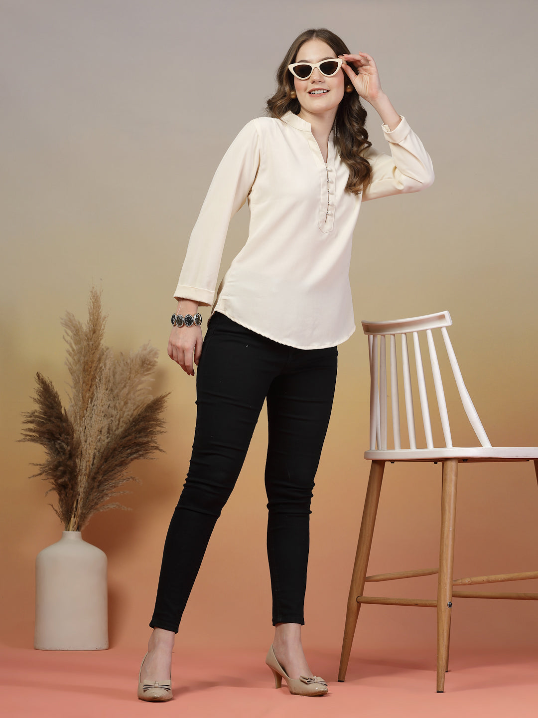Bright Cream Mandarin Collar Buttoned Shirt for Women | By ItalianVega