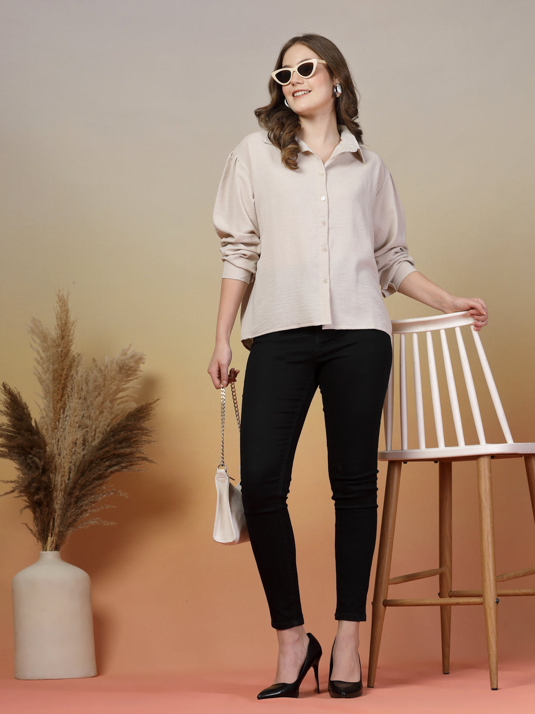 Cream Plain Loose Fit Shirt for Women | By ItalianVega