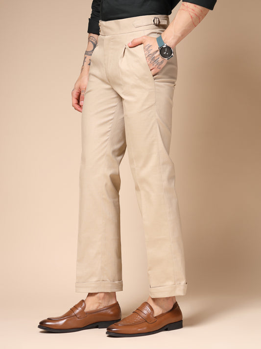 Beige Signature Buttoned Linen Gurkha Pants | Boot Cut Fit by ITALIAN VEGA®