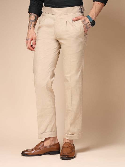 Beige Linen Classic Buckle Gurkha Pants – Boot Cut Fit by ITALIAN VEGA®