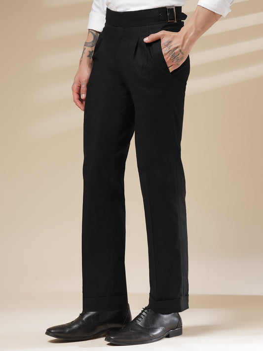 Black Linen Classic Buckle Gurkha Pants – Boot Cut Fit by ITALIAN VEGA®