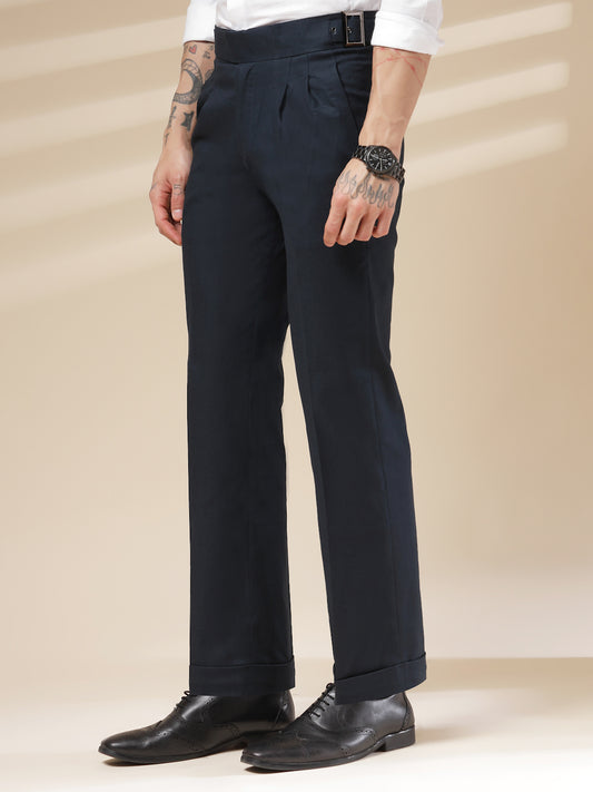 Navy Linen Classic Buckle Gurkha Pants – Boot Cut Fit by ITALIAN VEGA®
