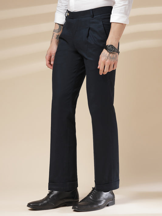 Navy Formal Pleated Linen Gurkha Pants | Boot Cut Fit by ITALIAN VEGA®