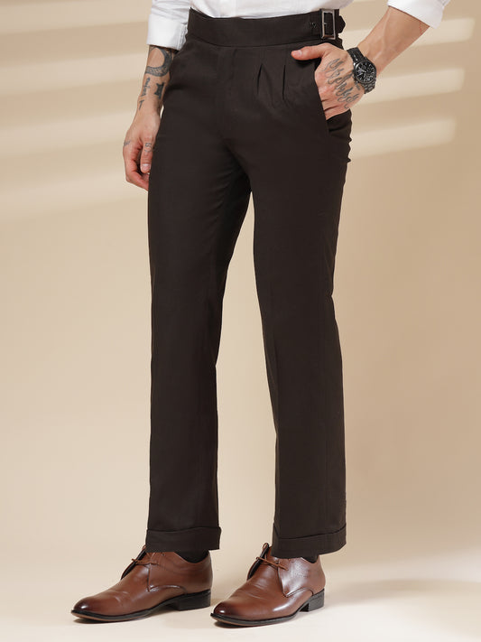 Brown Linen Classic Buckle Gurkha Pants – Boot Cut Fit by ITALIAN VEGA®