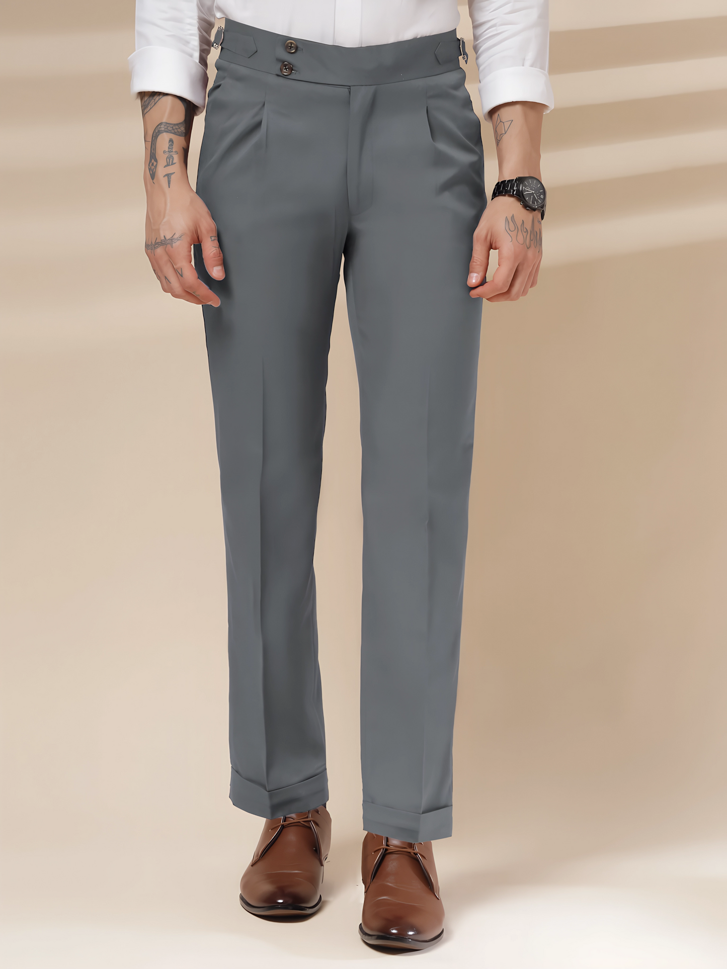Stone Grey Signature Buttoned Gurkha Pants by Italian Vega