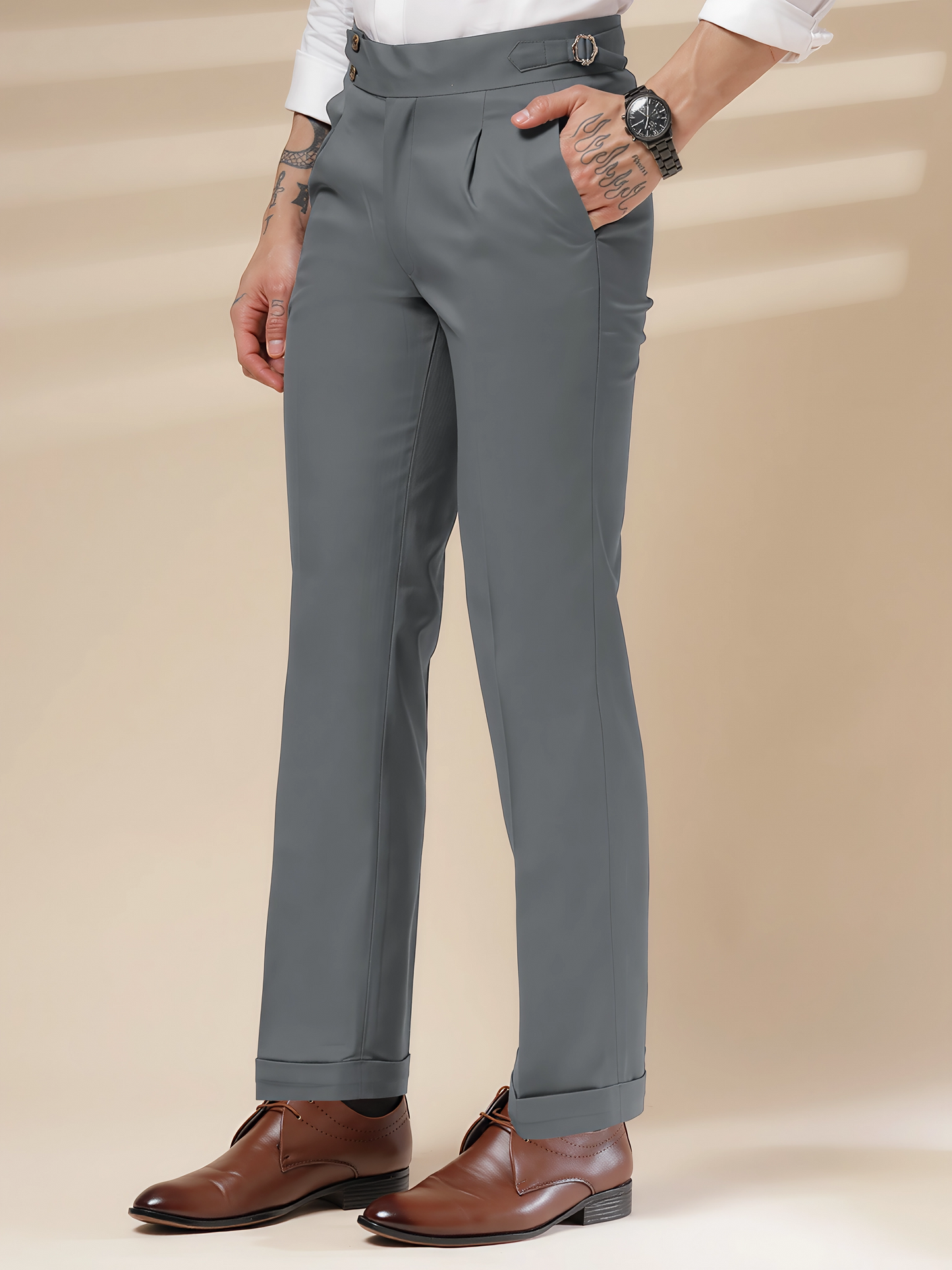 Stone Grey Signature Buttoned Gurkha Pants by Italian Vega