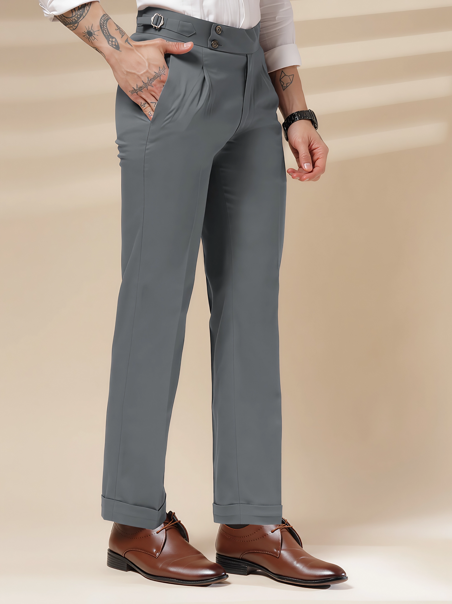 Stone Grey Signature Buttoned Gurkha Pants by Italian Vega