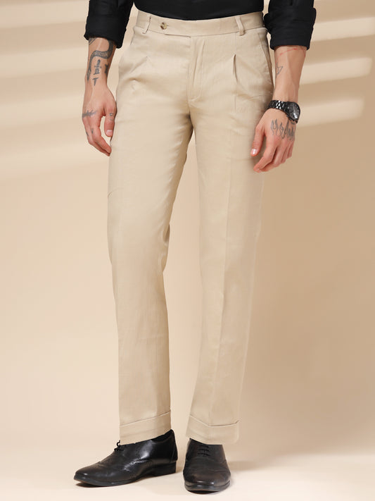 Beige Formal Pleated Linen Gurkha Pants | Boot Cut Fit by ITALIAN VEGA®