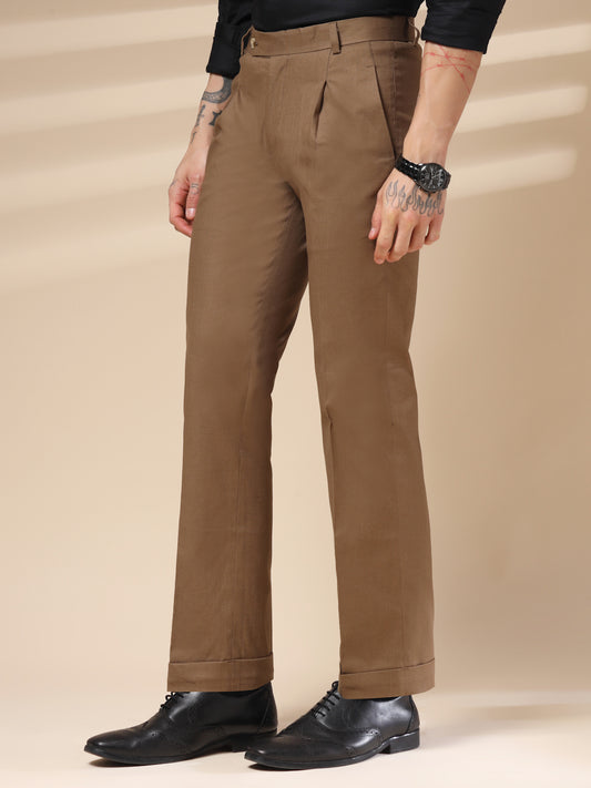 Khakhi Formal Pleated Linen Gurkha Pants | Boot Cut Fit by ITALIAN VEGA®