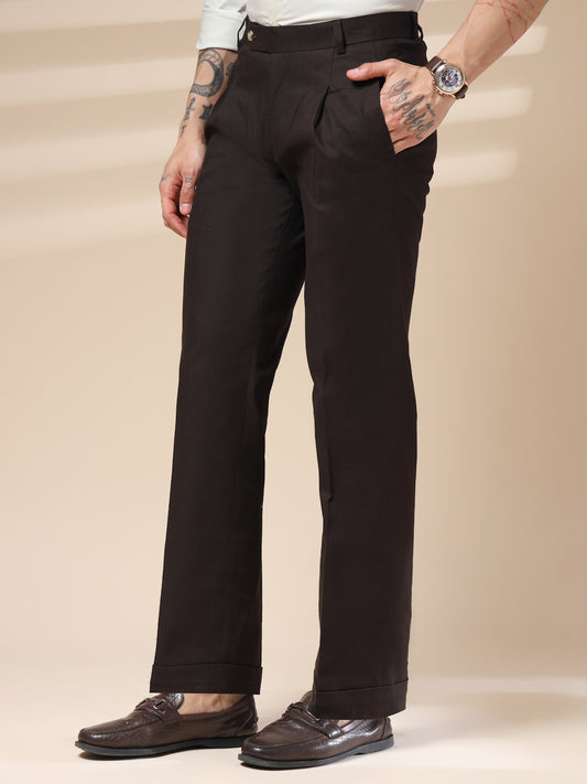 Brown Formal Pleated Linen Gurkha Pants | Boot Cut Fit by ITALIAN VEGA®