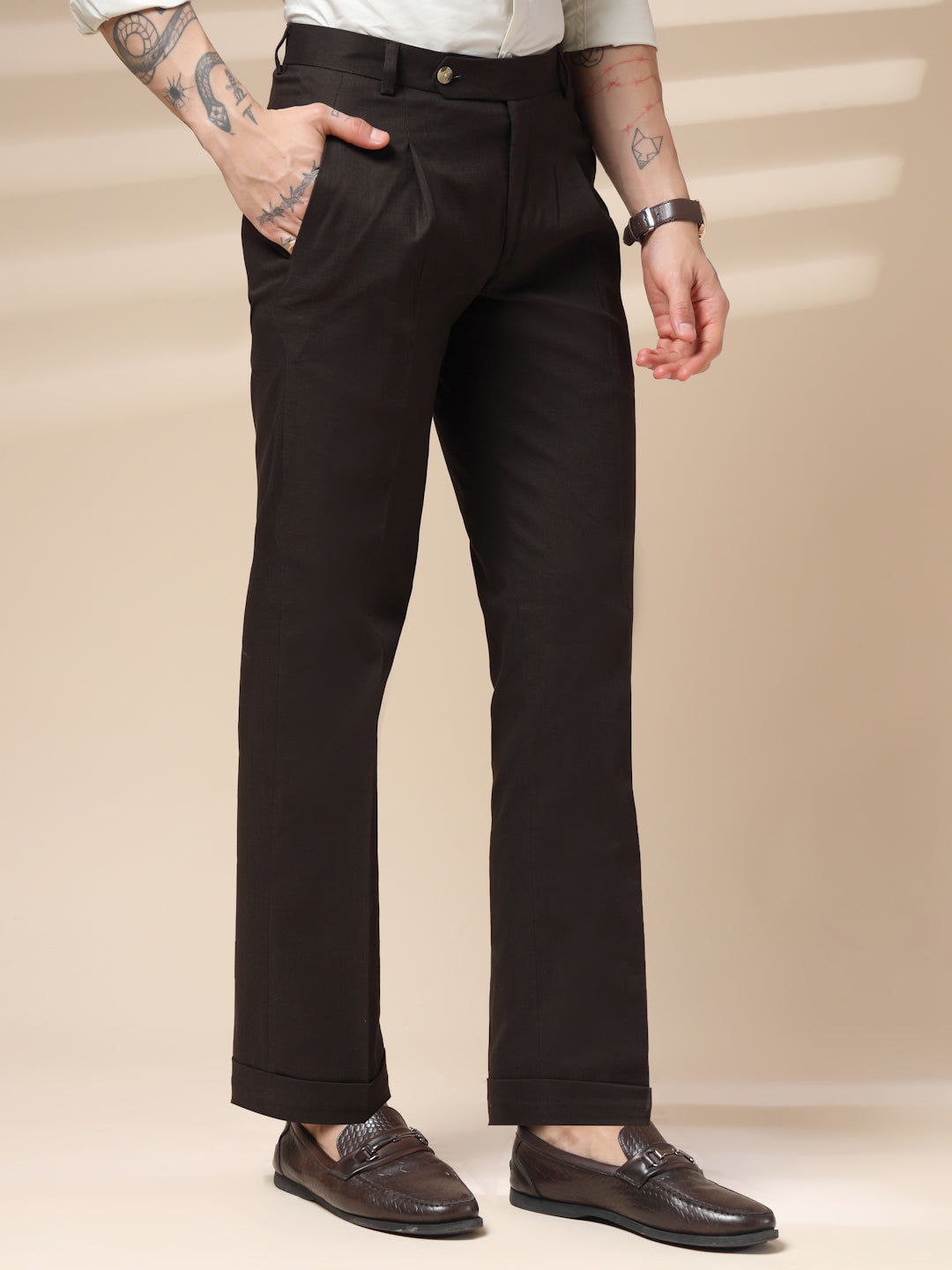 Brown Formal Pleated Linen Gurkha Pants | Boot Cut Fit by Italian Vega®