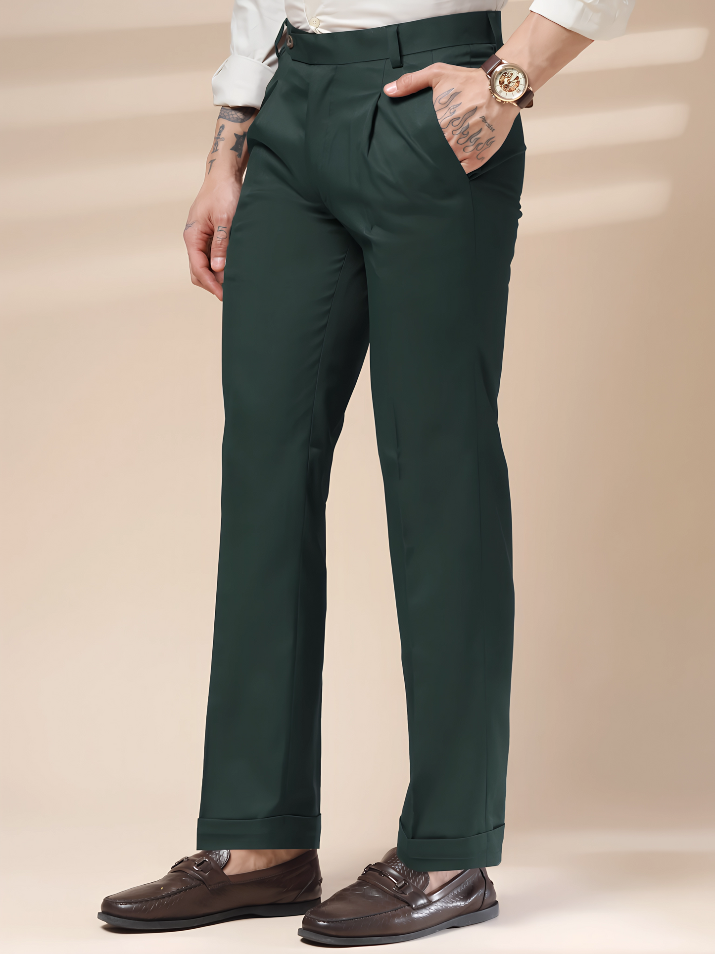 Bottle Green Men Pleated Trouser by Italian Vega®