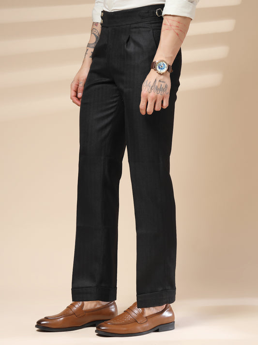 Black Signature Buttoned Herringbone Gurkha Pants | Boot Cut Fit by ITALIAN VEGA®