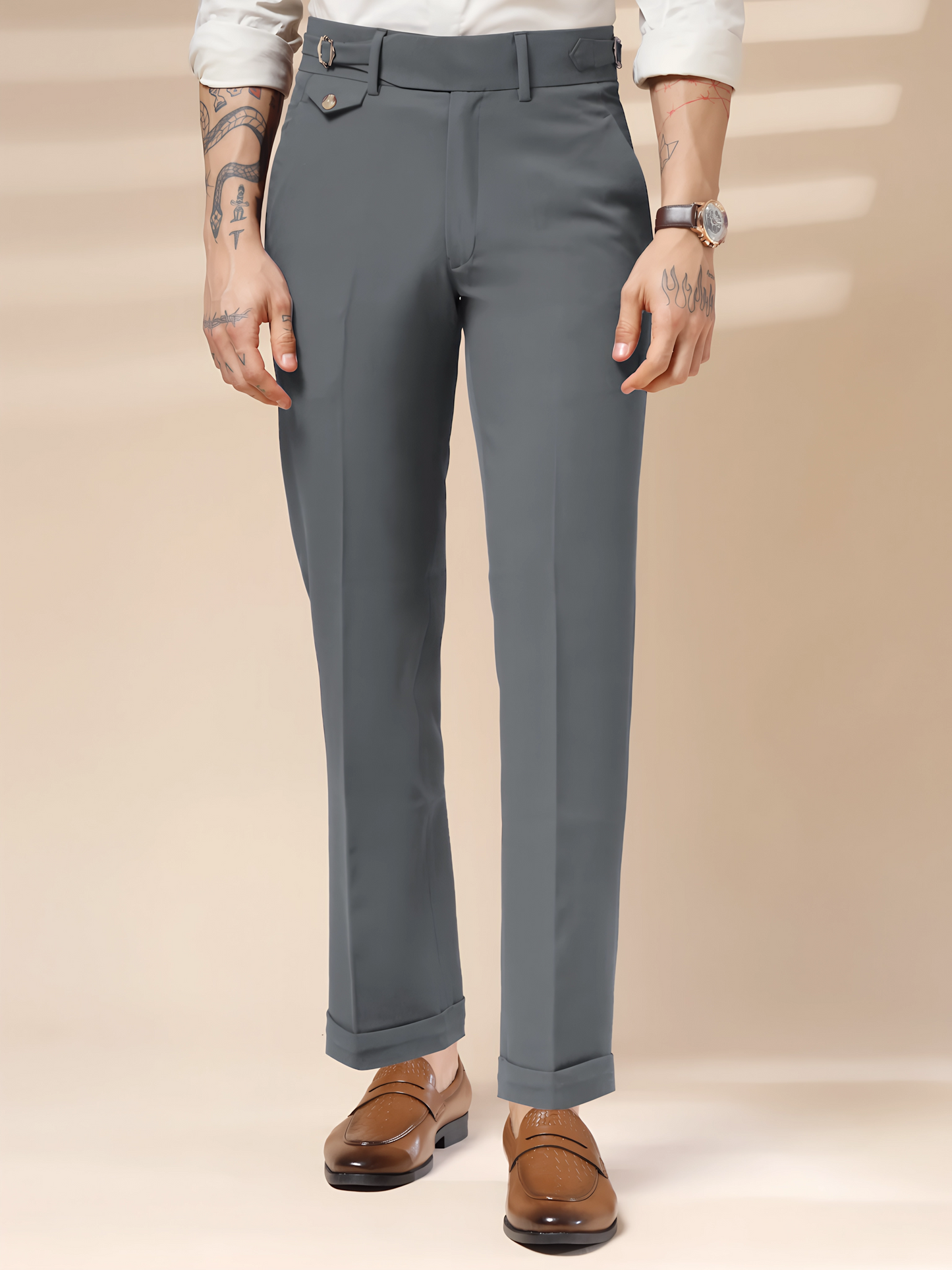 Stone Grey Single Buckle Gurkha Pants