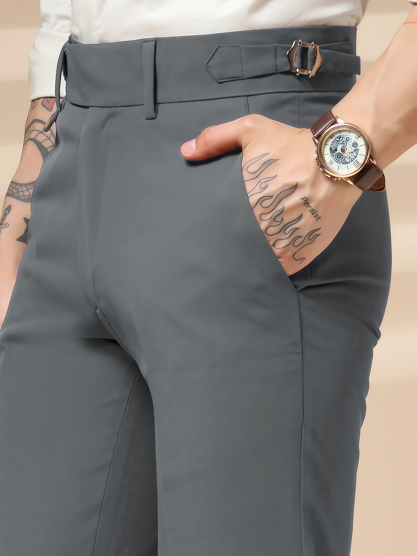 Stone Grey Single Buckle Gurkha Pants