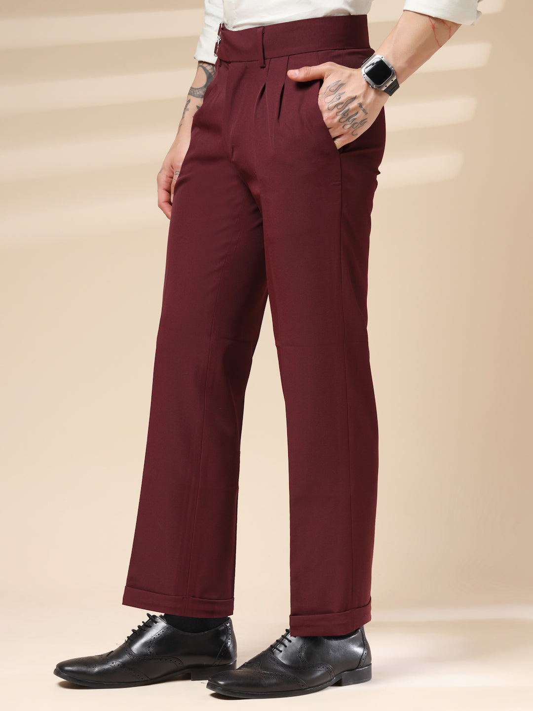 Wine Double Buckle Gurkha Pants