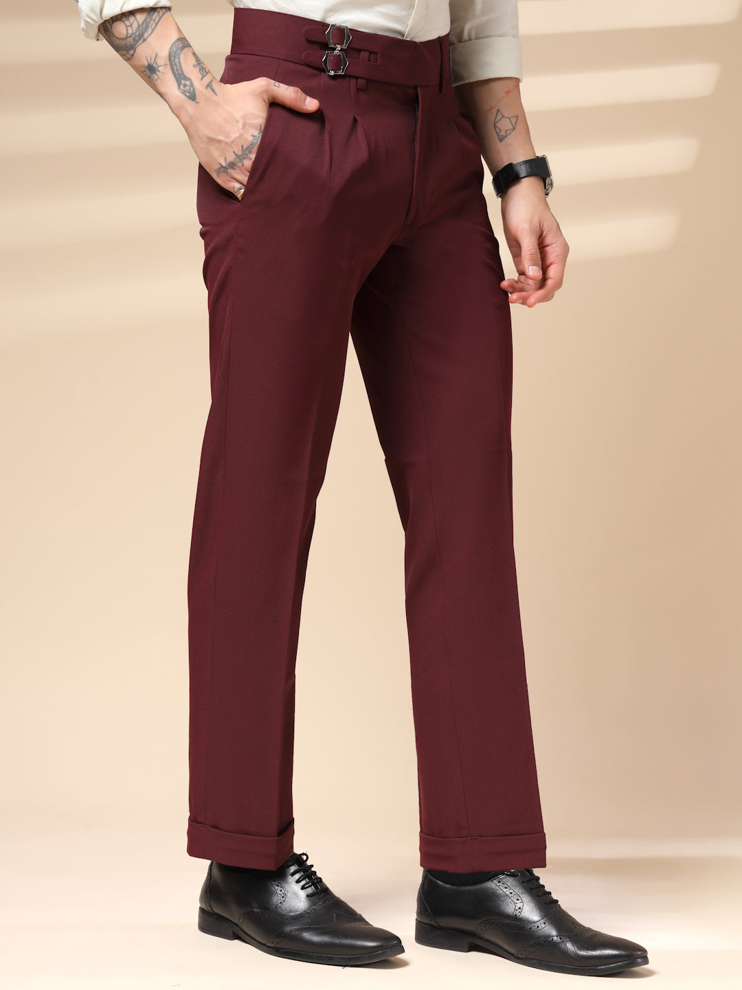 Wine Double Buckle Gurkha Pants