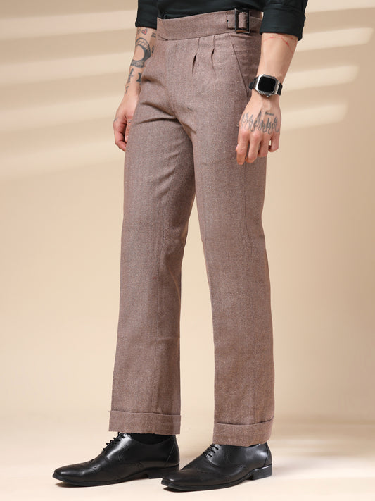 Khakhi Classic Buckle Herringbone Gurkha Pants | Boot Cut Fit by ITALIAN VEGA®