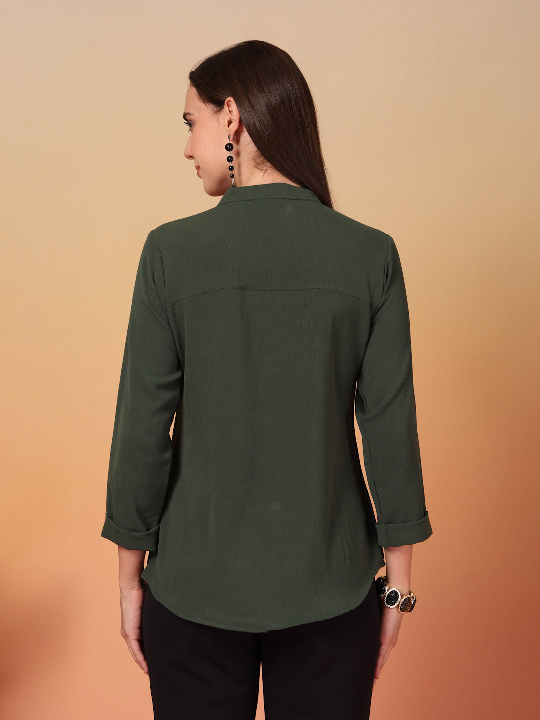 Olive Green Mandarin Collar Buttoned Shirt for Women | By ItalianVega