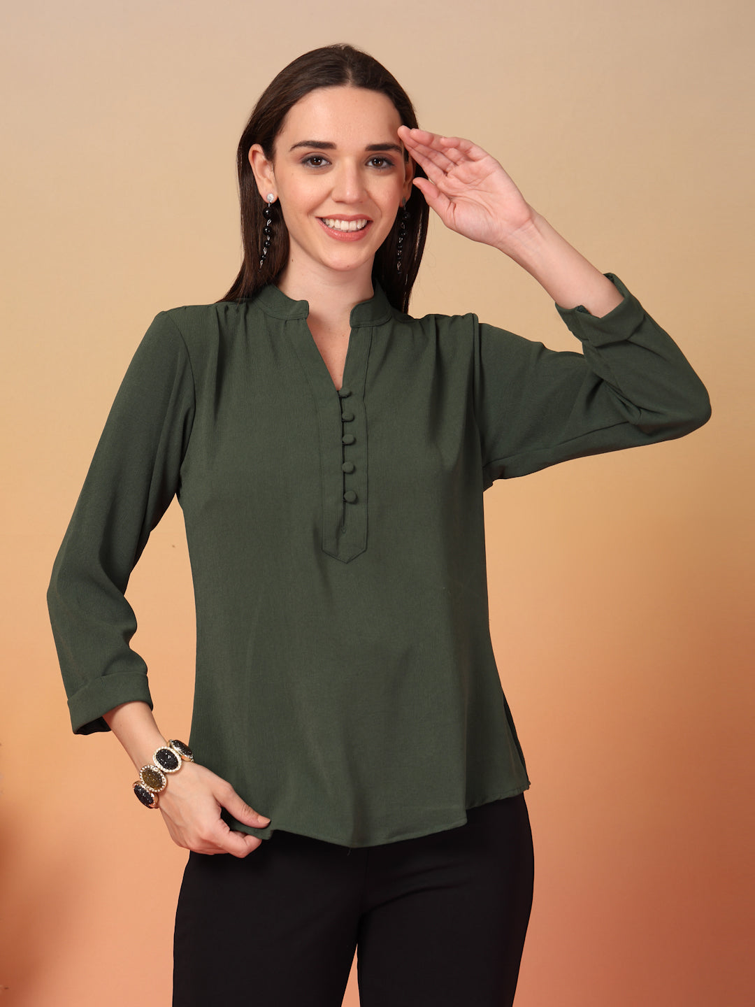 Olive Green Mandarin Collar Buttoned Shirt for Women | By ItalianVega