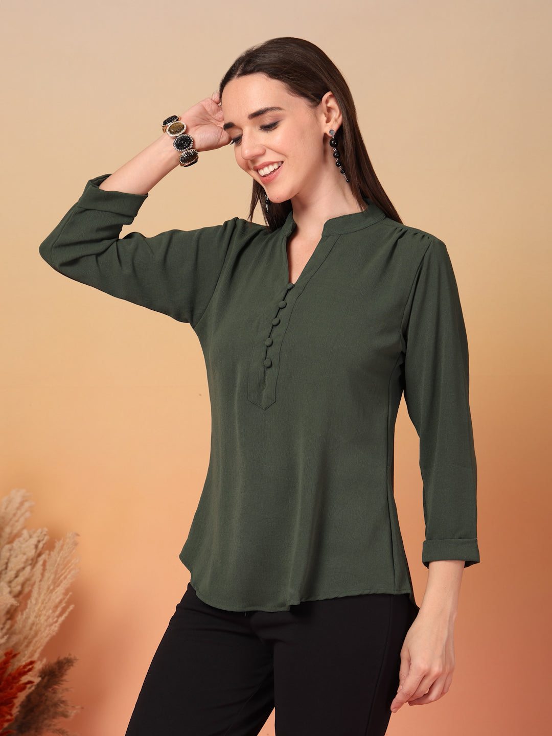 Olive Green Mandarin Collar Buttoned Shirt for Women | By ItalianVega
