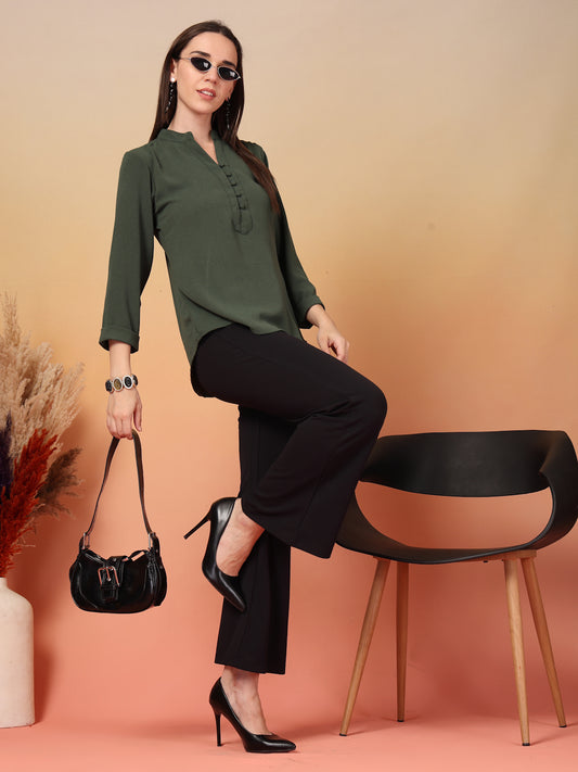 Olive Green Mandarin Collar Buttoned Shirt for Women | By ItalianVega