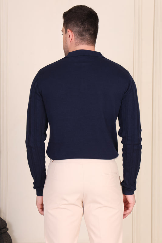 Herringbone Navy Full Sleeves Knit Polo by ITALIANVEGA