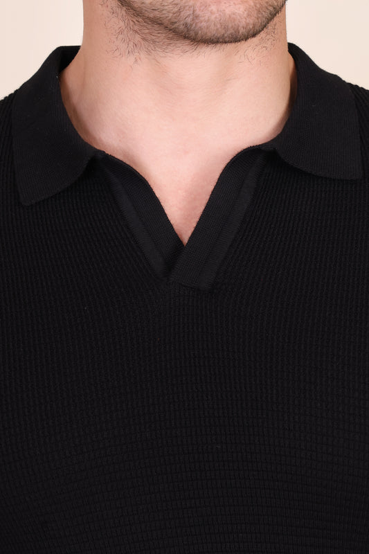 Black Flat Knit Polo Full Sleeves by ITALIANVEGA®