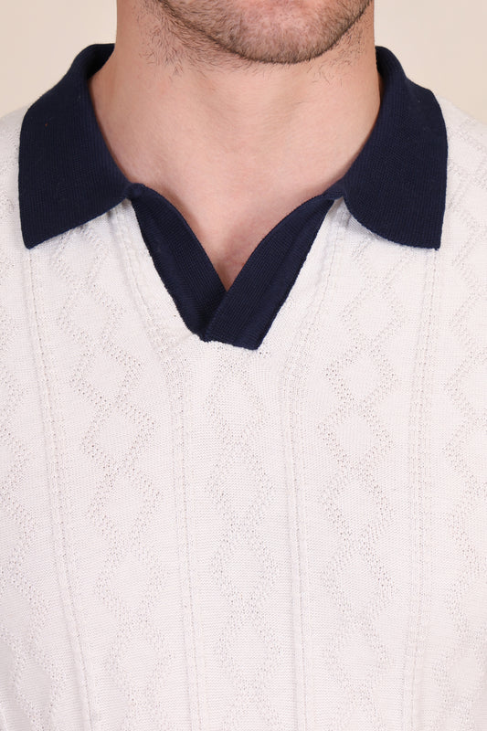 White Diamond Cable Knit Polo by ITALIAN VEGA®