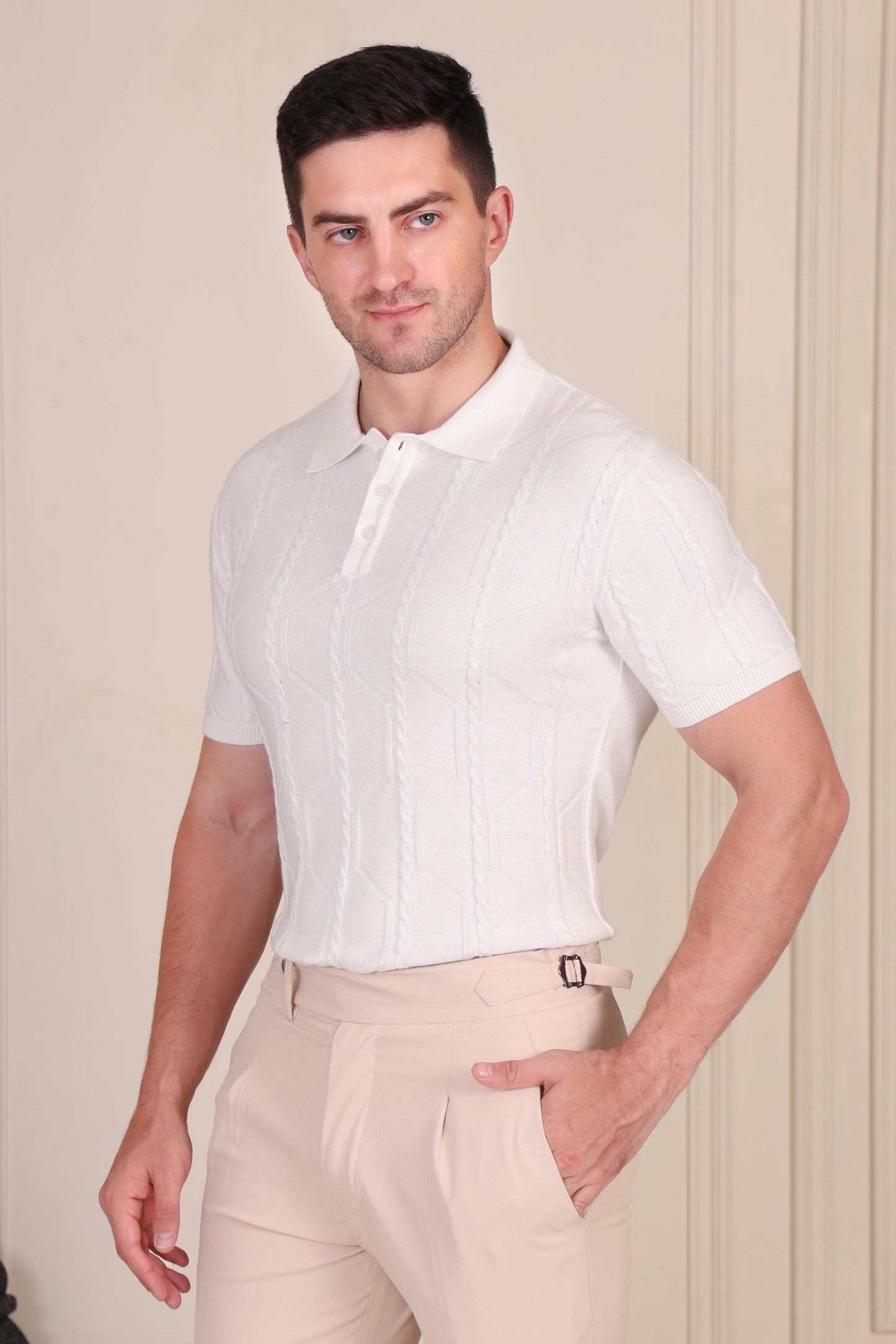 White Cable Knit Polo by ITALIAN VEGA®
