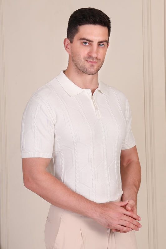 White Cable Knit Polo by ITALIAN VEGA®