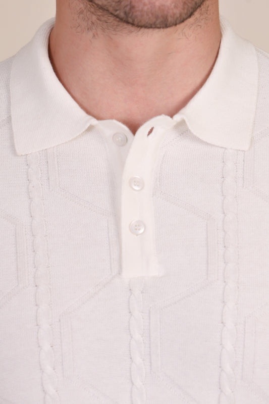White Cable Knit Full Sleeves Polo by ITALIAN VEGA®