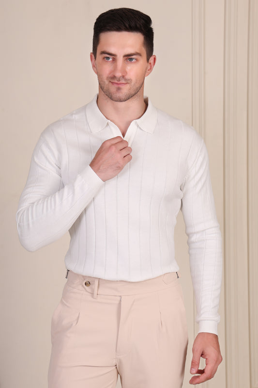 White Knit Polo Full Sleeves | Wide Ribbed by ITALIANVEGA®