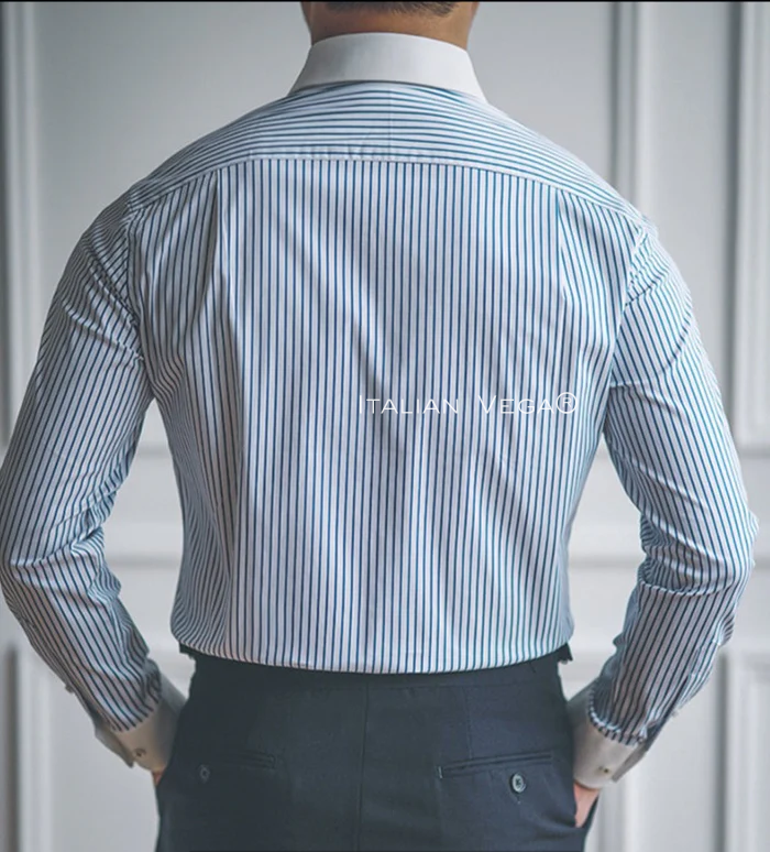 Old Money Claasic Stripe Shirt with Sky Blue Denim Signature Buttoned Gurkha Pant by ITALIAN VEGA®