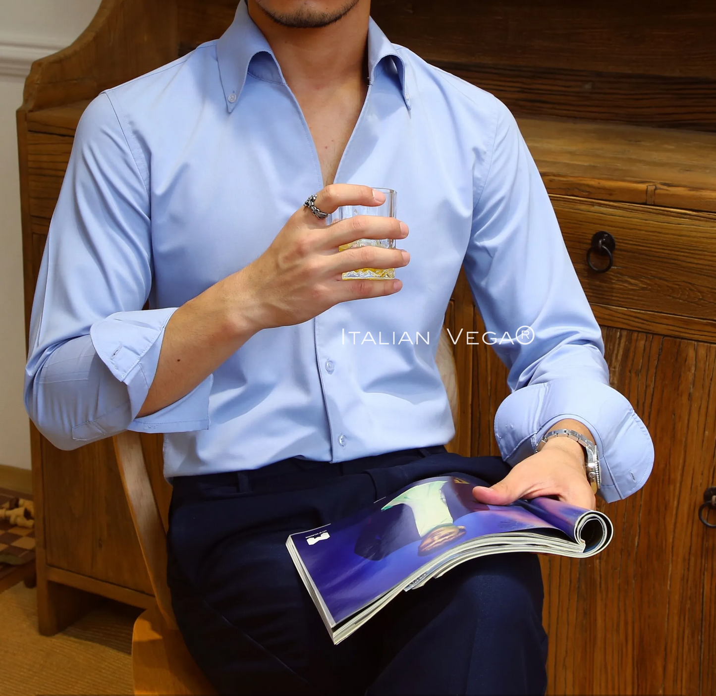 Old Money Powder Blue Shirt with Navy Blue Signature Buttoned Gurkha Pant by ITALIAN VEGA®