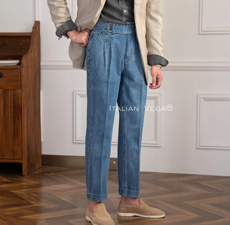 Old Money Claasic Stripe Shirt with Sky Blue Denim Signature Buttoned Gurkha Pant by ITALIAN VEGA®