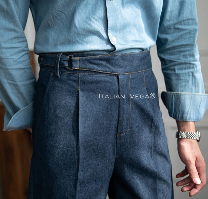 Old Money Navy Classic Stripe Shirt with Blue Veteran Denim Gurkha Pant by ITALIAN VEGA®