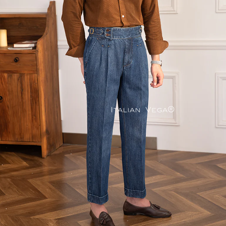 Old Money Navy Stripe Shirt with Dark Blue Denim Signature Buttoned Gurkha Pant by ITALIAN VEGA®