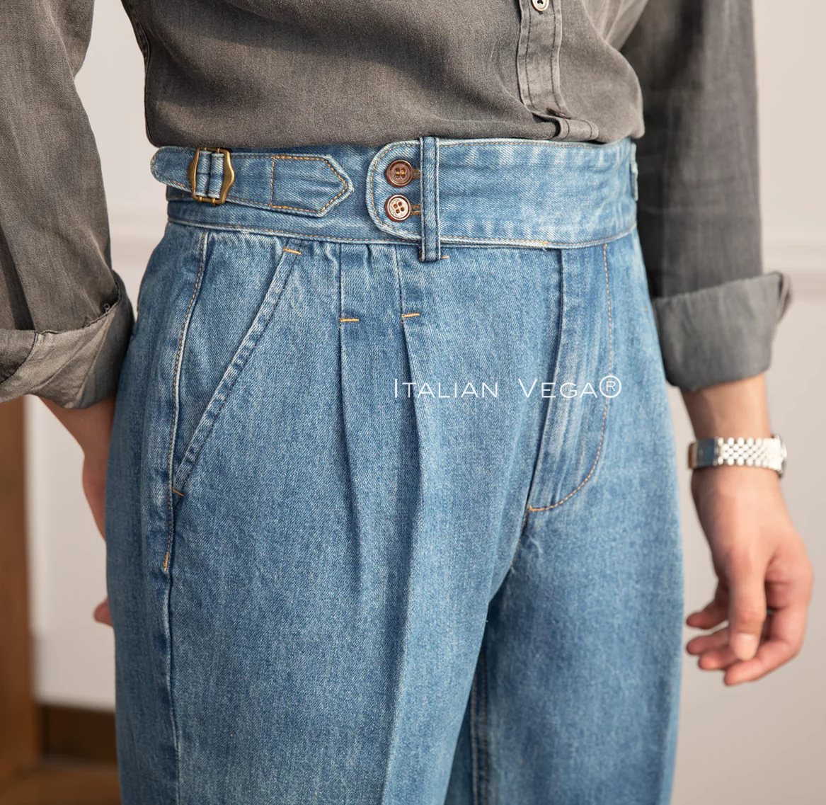 Old Money Claasic Stripe Shirt with Sky Blue Denim Signature Buttoned Gurkha Pant by ITALIAN VEGA®