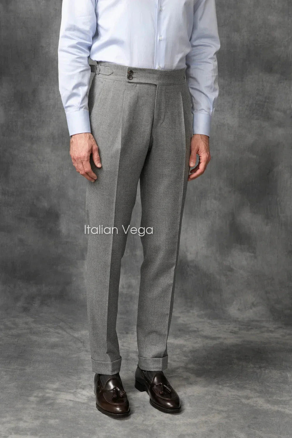 Old Money Crepe Stripe Shirt with Anthracite Flannel Signature Buttoned Gurkha Pant by ITALIAN VEGA®