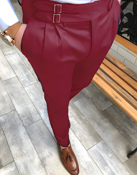 Wine Double Buckle Gurkha Pants