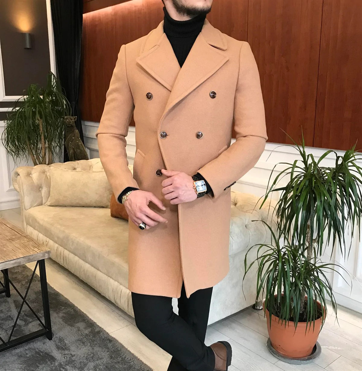 Slim fit camel coat sale