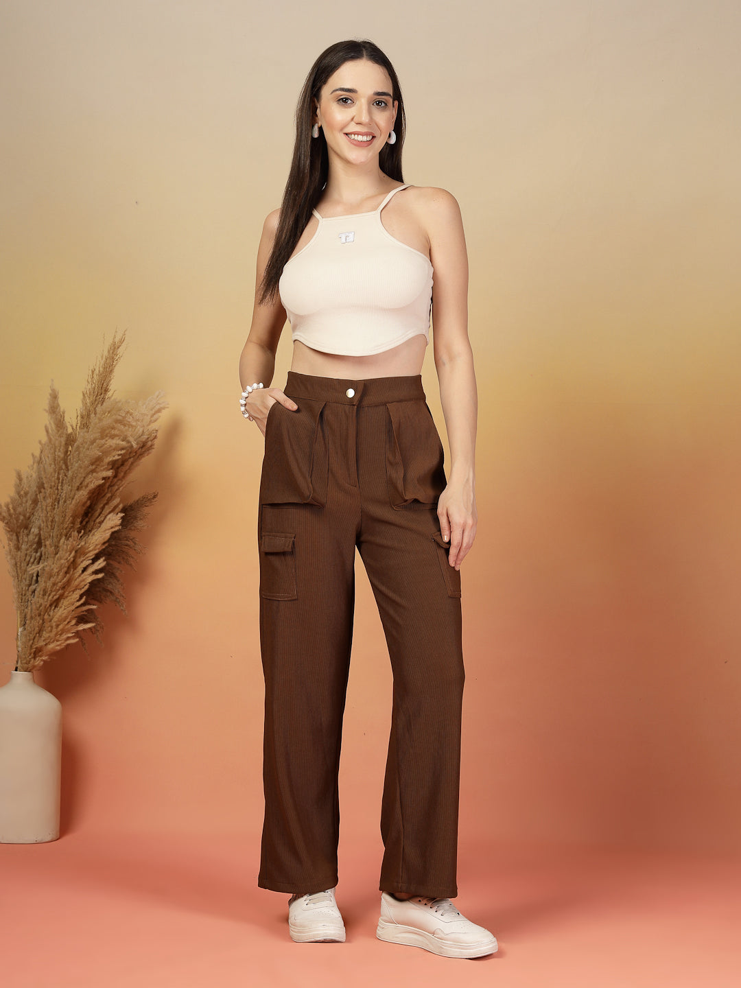 Caramel Corduroy Cargo Pants for Women | By ItalianVega