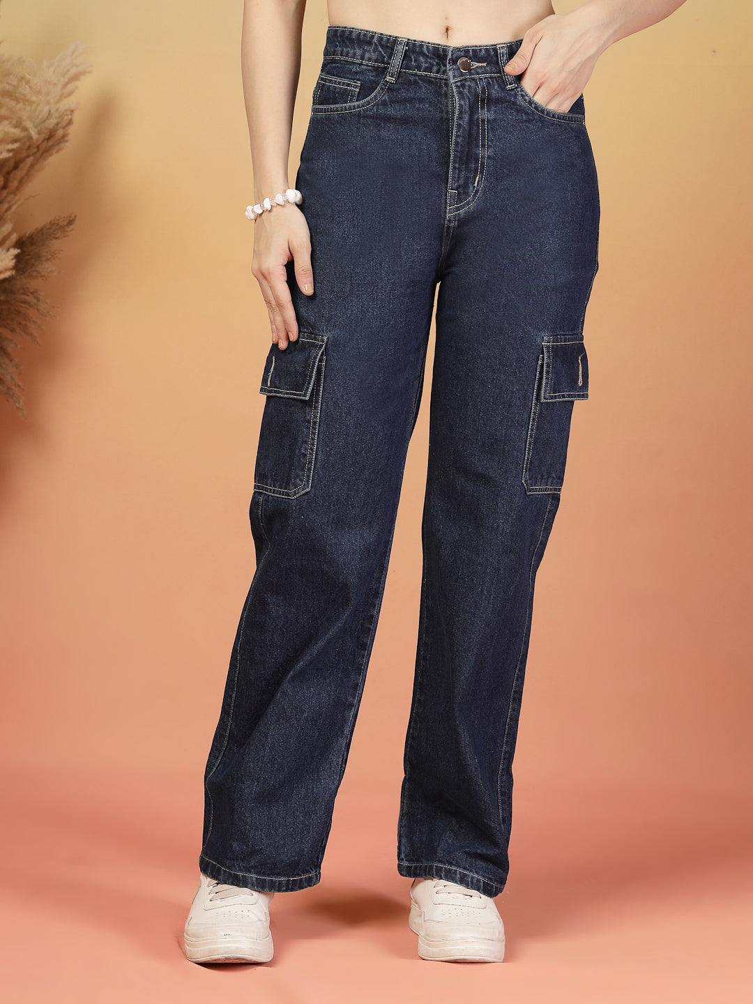 Women's Dark Blue High-Waisted Denim Pants by