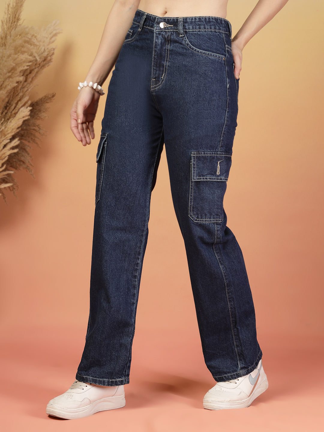 Women's Dark Blue High-Waisted Denim Pants by